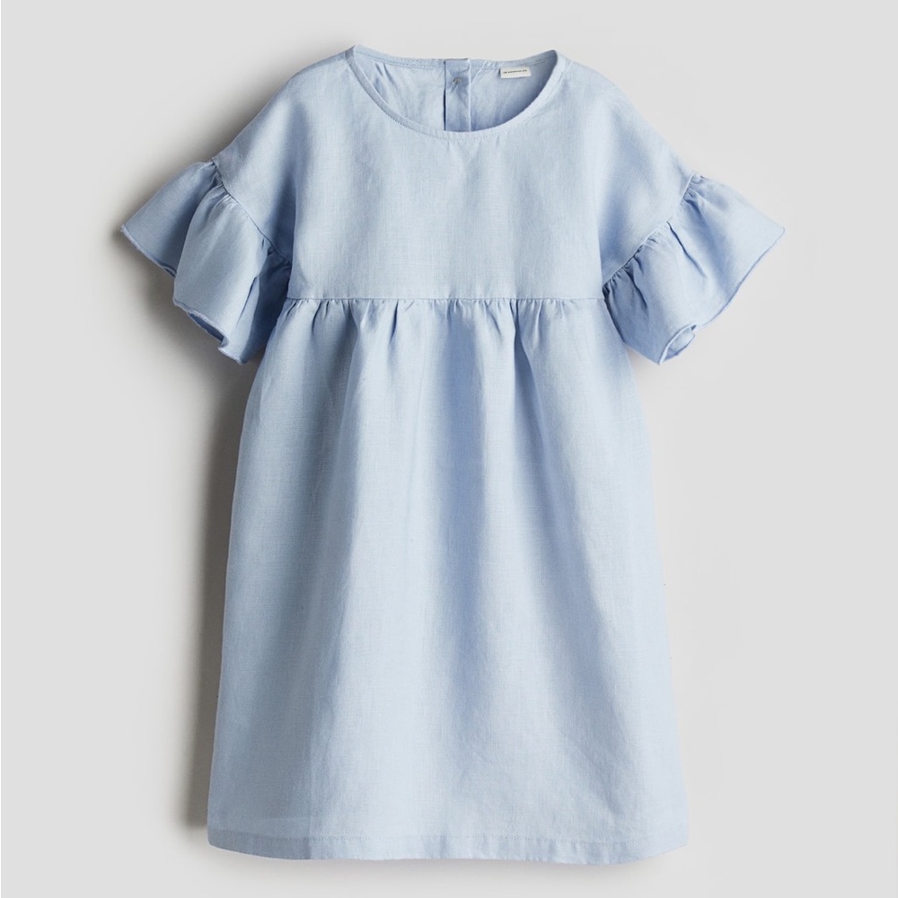 H&M Adorable Premium Line Light Blue Ruffle Sleeve Linen Shift Dress